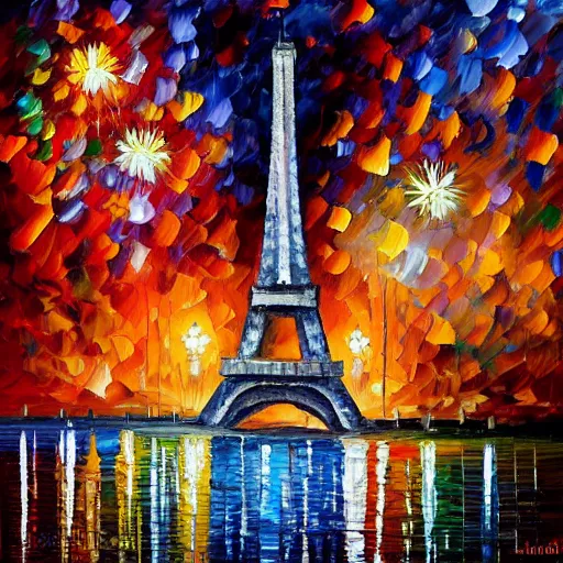 Prompt: Oil painting of Eiffel Tower with fireworks in the sky by Leonid Afremov