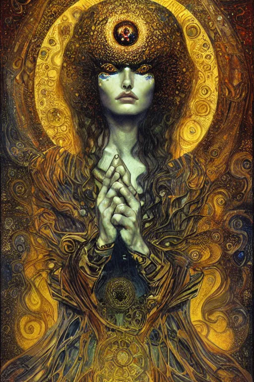 Image similar to Divine Machinery of Fate by Karol Bak, Jean Deville, Gustav Klimt, and Vincent Van Gogh, enigma, destiny, otherworldly, fractal structures, arcane, prophecy, ornate gilded medieval icon, third eye, spirals