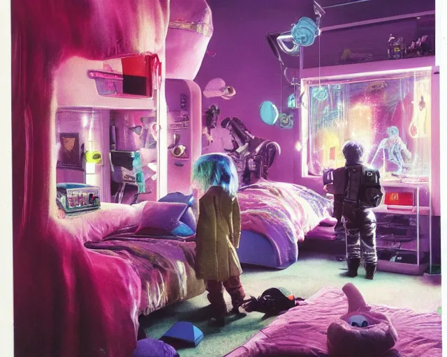 Prompt: IKEA catalogue photo of a cyberpunk children’s bedroom, by Paul Lehr