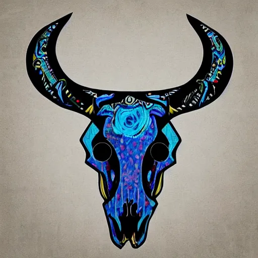 Image similar to “painted bull skull, dotart, album art in the style of James Jean”