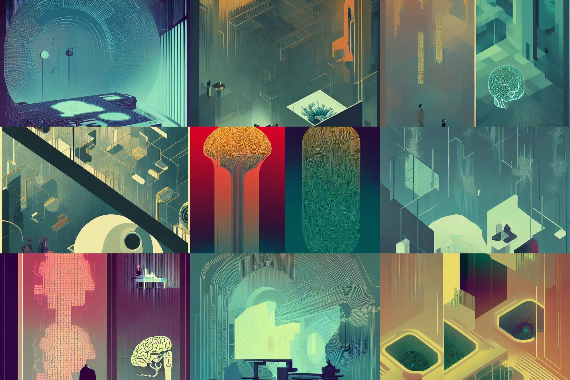 Prompt: ( ( dither ) ), editorial illustration multiple ( ( ct brain scan slices ) ), office interior, modern art deco, ( ( mads berg ) ), christopher balaskas, victo ngai, rich grainy texture, detailed, dynamic composition, wide angle, matte print, art nouveau, low fog, industrial design