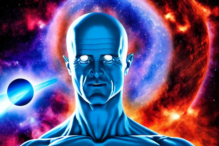 Image similar to dr Manhattan many armed creator destroyer god controls every atom in the galaxy, selective color effect, cinematic, wide angle cinematography, yin Yang, 8k wallpaper