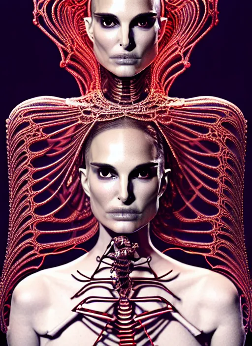 Image similar to portrait of an absurdly beautiful, graceful, sophisticated, fashionable futuristic female skeleton with sections of skin showing, natalie portman, hyperdetailed illustration by irakli nadar and alexandre ferra, intricate linework, faberge, intricate chrome headdress, dark atmosphere, glowing red eyes, unreal engine 5 highly rendered, global illumination, radiant light, detailed and intricate environment