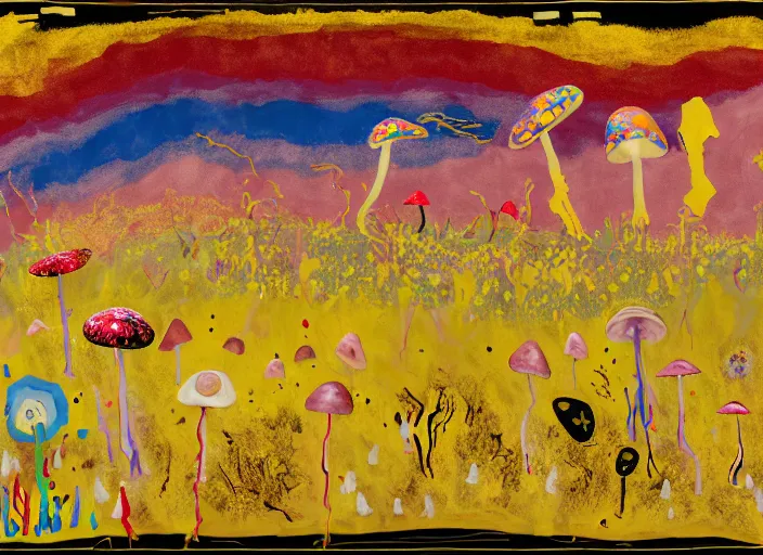 Image similar to expressionistic decollage painting golden armor alien zombie horseman riding on a crystal bone dragon broken rainbow diamond maggot horse in a blossoming meadow full of colorful mushrooms and golden foil toad blobs in a golden sunset, distant forest horizon, painted by Mark Rothko, Helen Frankenthaler, Danny Fox and Hilma af Klint, microsoft paint art, semiabstract, color field painting, byzantine art, jpeg compression artifact, pop art look, naive, outsider art, buff painting. Barnett Newman painting, part by Philip Guston and Frank Stella art by Adrian Ghenie, 8k, extreme detail, intricate detail, masterpiece