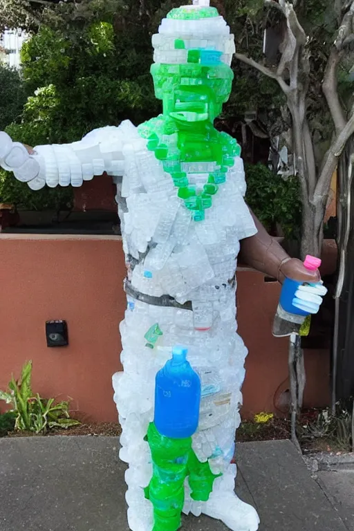 Prompt: a statue of Captain Planet made entirely out of plastic waste, soda bottles, drinking straws, and plastic bags
