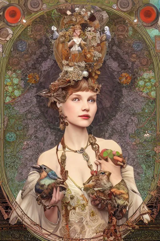 Image similar to zoomed out 3 d render of english princess holding birds, ornaments, mucha vibe, dieselpunk, solarpunk, artstation