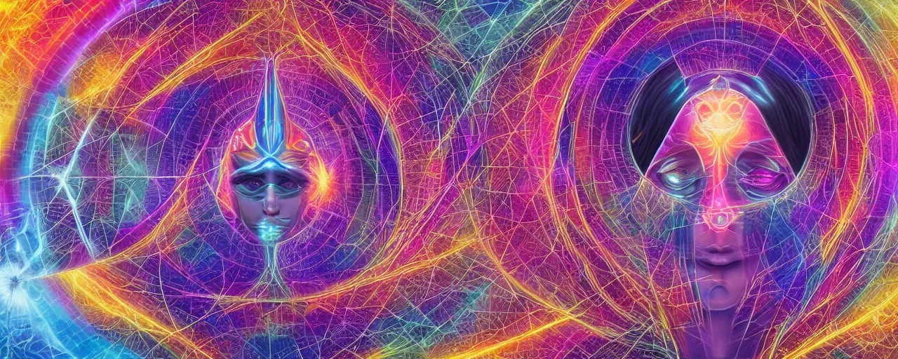 Image similar to transformation, transcendence into collaborative intelligence, endless collaboration with ai, connectedness, body, by alex grey, album cover, award winning, beautiful, colorful, volumetric lighting, trending on artstation, cinematic