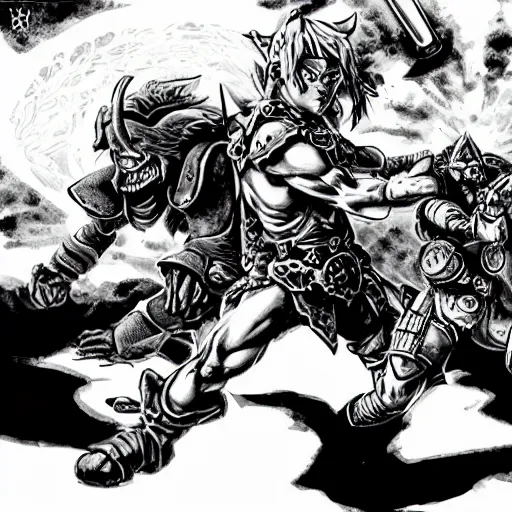 Image similar to link and ganon battle in hell in the style of doom eternal ed binkley