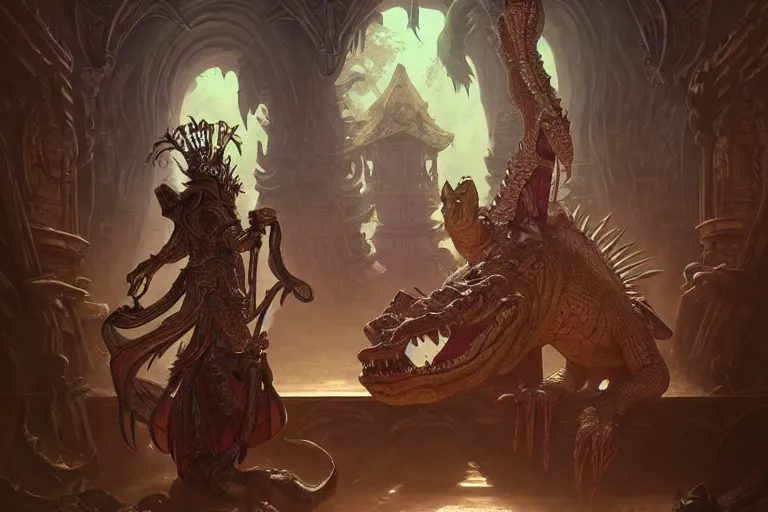 Image similar to forsaken crocodile god temple priests, great hall, deep focus, d & d, fantasy, intricate, elegant, highly detailed, digital painting, artstation, concept art, matte, sharp focus, illustration, hearthstone, art by artgerm and greg rutkowski and alphonse mucha