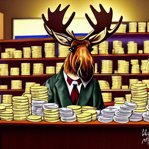 Image similar to a moose behind the counter at a bakery with a suit on piles of money on the counter, trending on art station, 8 k, beautiful lighting