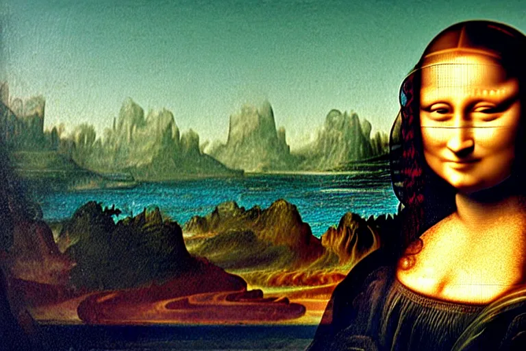 Prompt: the mona lisa takes a selfie in manhattan, symbolic, volumetric lighting, award - winning, perfection, ambitious, ambient occlusion, vibrant, 4 k hd, grainy,