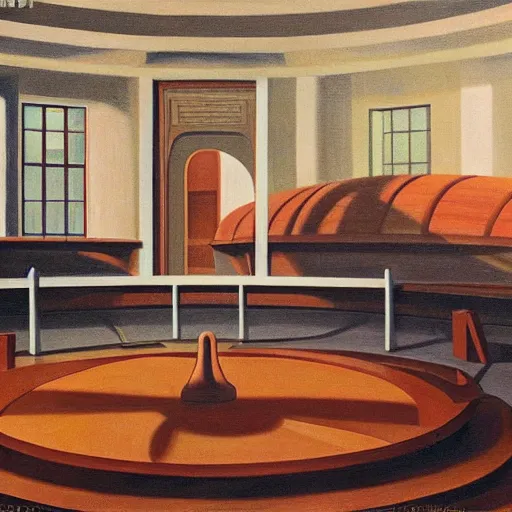 Prompt: exaggerated death ray, doomsday weapon, evil lair, mastermind, observatory interior, rotunda, shield, comedic, dystopian, grant wood, pj crook, edward hopper, oil on canvas