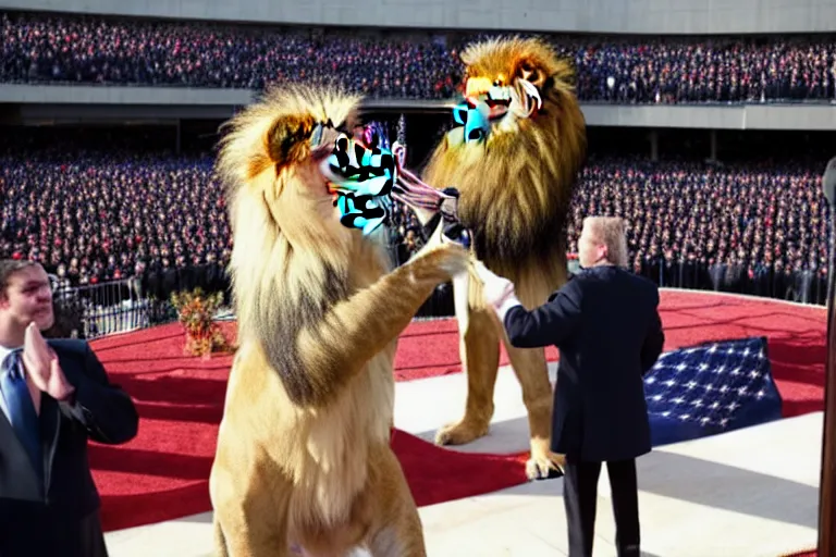 Image similar to photo of the usa presidential inauguration, a lion fursuiter being inaugurated as president