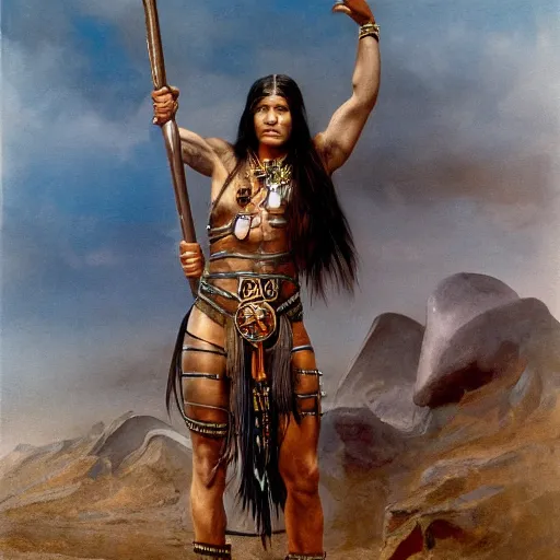 Prompt: strong native american female beauty with long black hair in a ponytail and muscular figure, wearing ancient greek black leather armor with bronze ornamental, she is a fighter standing on a vulcanic black beach, low angle, white clouds, beautiful highly detailed art like Alfred von Wierusz-kowalski, Adrian Wilkins, Anders Zorn, Ben Maier, Magic the Gathering and Johannes Voss, trending on artstation