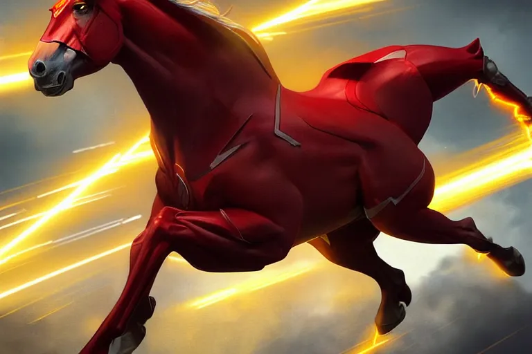 Image similar to a stunning digital painting of a horse as the flash in spandex costume, running in the speedforce by greg rutkowski, volumetric light, digital art, fine detail, photorealistic