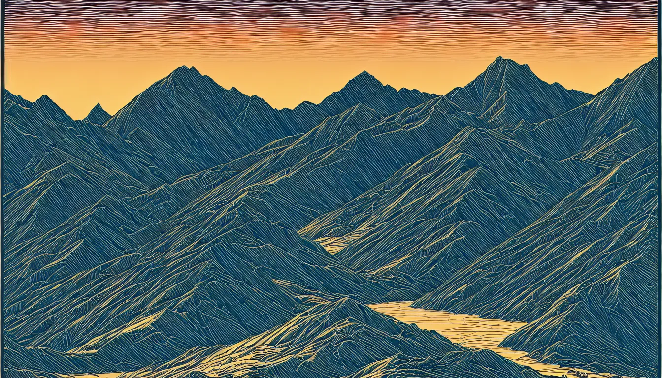 Prompt: himalayas by dan mumford and peter doig and edward hopper, symmetrical, minimal, black ink, thick lines highly detailed, muted colours 8 k
