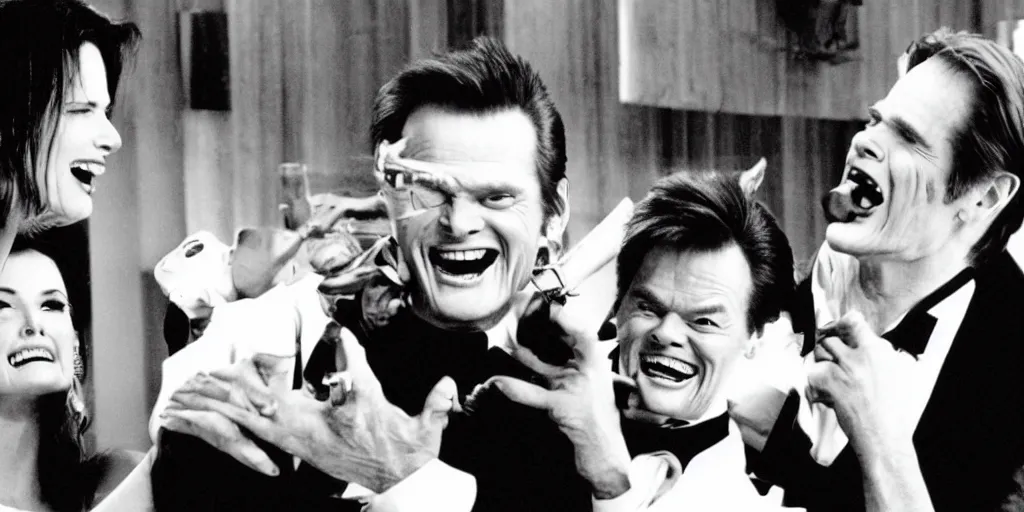 Image similar to still frame of Geena Davis, Roger Moore and Jim Carrey in Pulp Fiction laughing hysterically over a joke