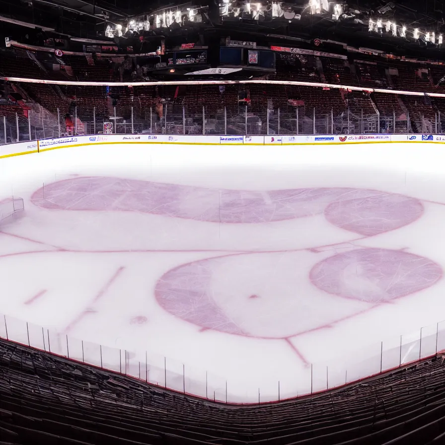 Image similar to dimly lit hockey stadium ice level 4 k photography