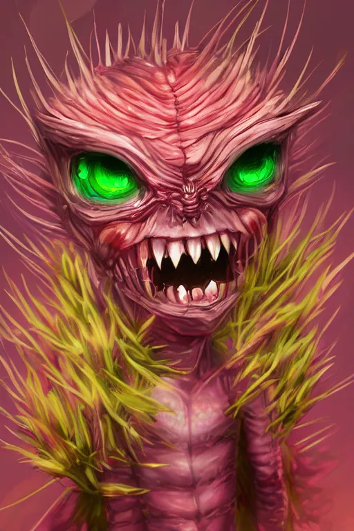 Image similar to a humanoid figure dandelion raspberry monster, large eyes and menacing smile, highly detailed, digital art, sharp focus, trending on art station, anime art style