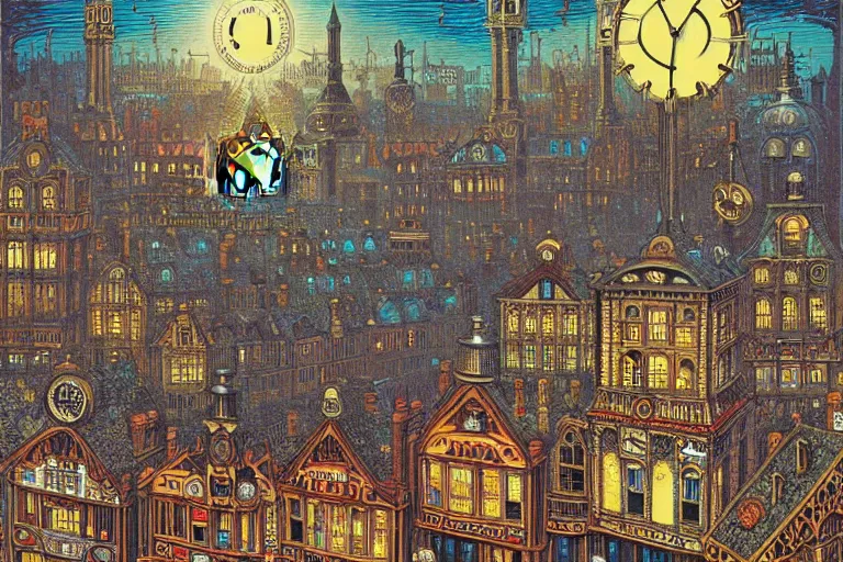 Image similar to clockwork victorian cityscape by Louis Wain (1920) and Dan Mumford