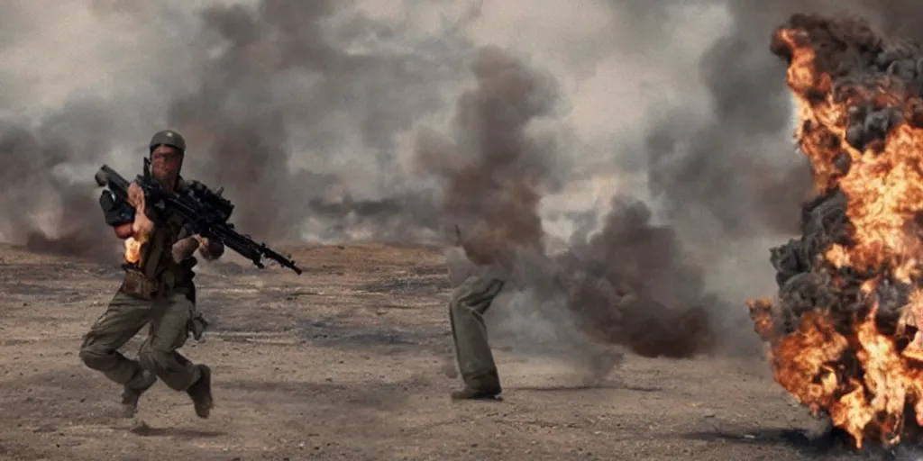 Image similar to movie still of hilary clinton fighting in libya, focused shot, realistic, smoke, fire, octane render