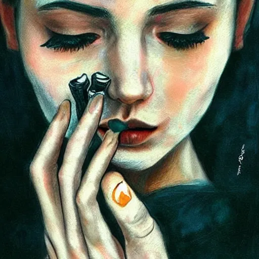 Image similar to Very very very very detailed, very very very very realistic artistic art of woman hand that holding cigarette between her fingers, by very very very very talented artist in very very very very aesthetic style