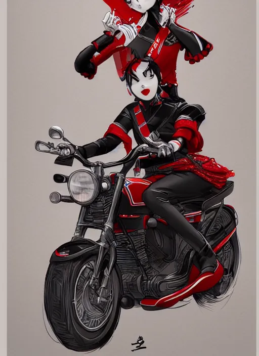 Prompt: maiko riding a motorbike, fluent composition, red white and black, concept art, ambient light, 4 k, intricate details, highly professionally detailed, cgsociety, highly detailed -