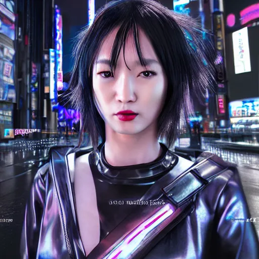 Prompt: An epic comic hyperrealistic illustration of a japanese cyber warrrior girl wearing futuristic wardrobe, black and silver, ultradetailed face expression trending on artbreeder, cyberpunk 2077 color, heavy rainning at tokyo street nightview, neon light, DAZ, 8k, unreal 5 engine render, cosplay, RPG portrait, photorealistic, hdri, dramatic lighting, rim lights,