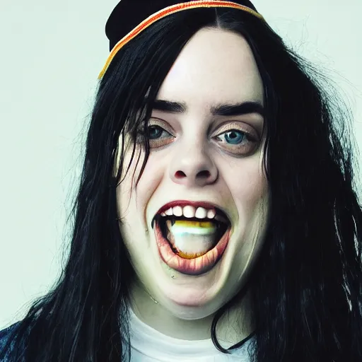 Prompt: mad billie eilish with a british teeths