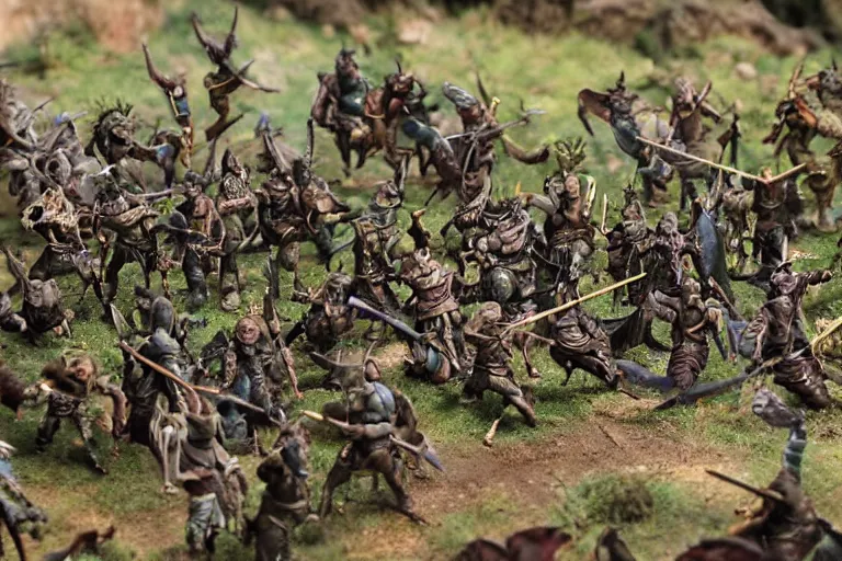 Prompt: photo taken of an epic intricate, ultra detailed miniature modular, battlefield diorama created by weta workshop, zoomed in shots focussing an army of high elves battling a horde of orcs, with highly detailed exquisitely painted 3 d printed characters, cinematic wide shot, photorealistic, sharp focus, f 0. 4, low angle shot, macro, golden ratio, golden hour