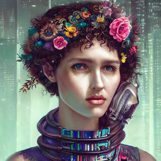 Image similar to Lofi cyberpunk portrait beautiful woman with short brown curly hair, roman face, unicorn, rainbow, floral, Tristan Eaton, Stanley Artgerm, Tom Bagshaw