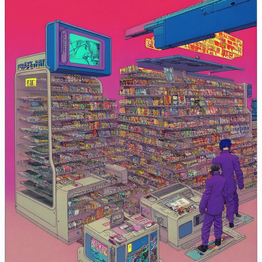 Image similar to ( ( ( ( cyberpunk convenience store cash register ) ) ) ) by mœbius!!!!!!!!!!!!!!!!!!!!!!!!!!!, overdetailed art, colorful, artistic record jacket design