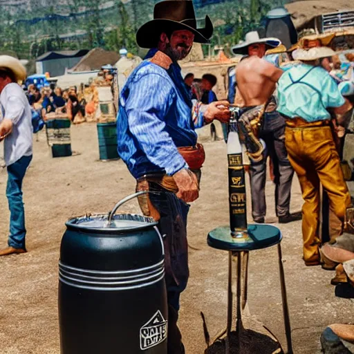 Image similar to A cowboy drinking straight from the beer keg, block party, wild west