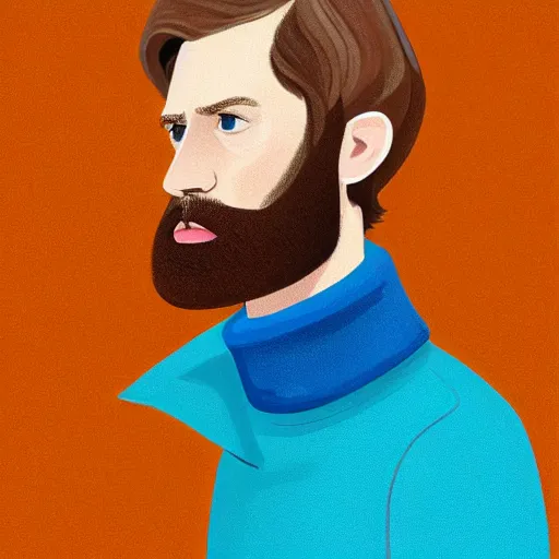 Image similar to gangly man with short light brown wavy hair, light brown stubble thin beard, no mustache, English heritage, blue eyes, middle aged, wearing a turtleneck and jacket, pale skin, narrow face, digital art, painterly, cartoon, cute, 8k, illustration, art by loish, painterly, trending on artstation, medium shot, uncropped