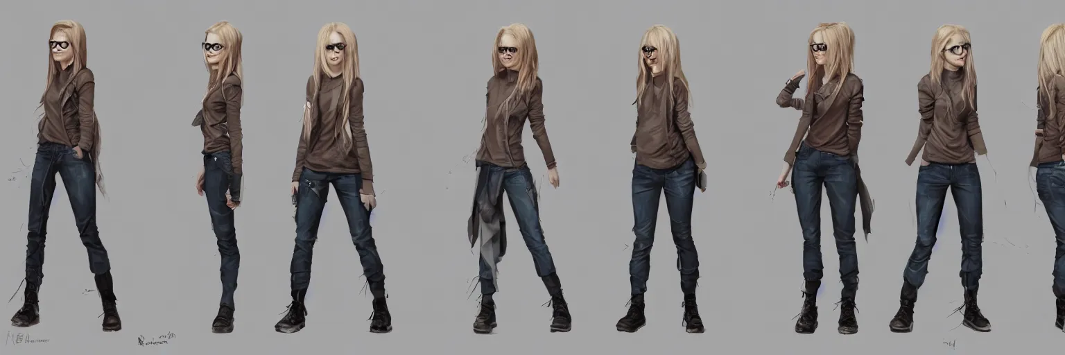 Prompt: female character study of shy ugly ousider avril lavigne, glasses, geek, character sheet, fine details, concept design, contrast, kim jung gi, greg rutkowski and francis bacon, trending on artstation, 8 k, full body and head, turnaround, front view, back view, ultra wide angle