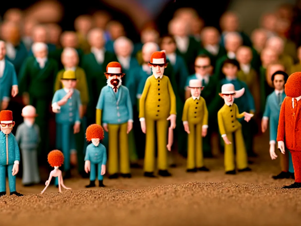 Image similar to macro photo of tiny claymation people wes anderson sharp focus