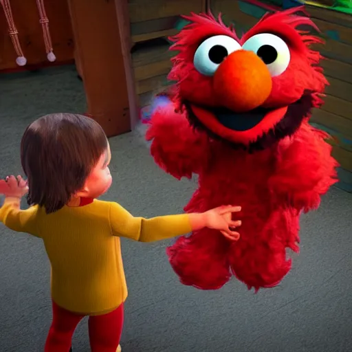 Prompt: elmo using a child as a hand puppet, playful scene, unreal engine, realistic, highly detailed fur, 8 k