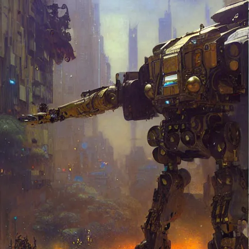 Image similar to six meters tall mech fighting in an urban environment, highly detailed painting by gaston bussiere craig mullins jc leyendecker gustav klimt artgerm greg rutkowski john berkey, bergey, craig mullins, ruan jia, raymond swanland, jeremy mann, tom lovell, alex malveda