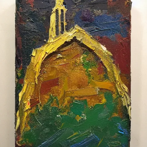 Image similar to oil paint impasto relief, a church, multi layered thick brush marks, some splattered paint, in the style of ivan shishkin and frank auerbach and van gogh