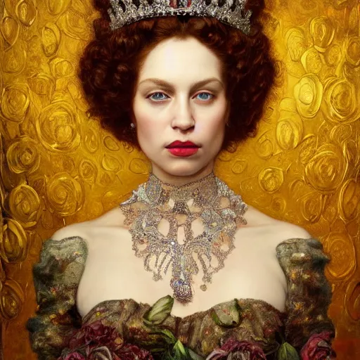 Prompt: highly detailed oil painting | very intricate | cinematic lighting | award - winning | portrait of the queen of roses dressed by alexander mcqueen | by roberto ferri, by tom bagshaw, by j. c. leyendecker and klimt, american romanticism, by austin osman spare, artstation, cgsociety, official art, octane