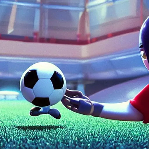 Image similar to movie still of the cutest sentient soccer ball ever, pixar, animation, cute,