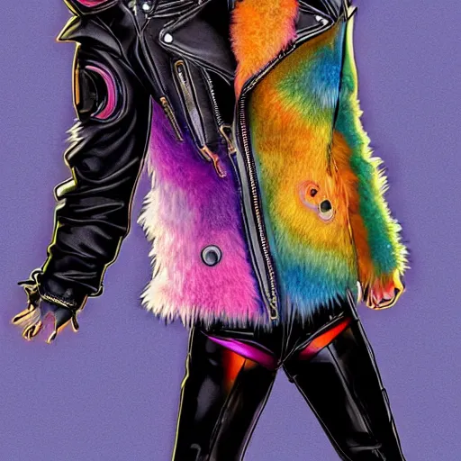 Image similar to wide angle full body, jacket wearing fluffy cute rainbow kitten wearing a black leather motorcycle jacket, concept art