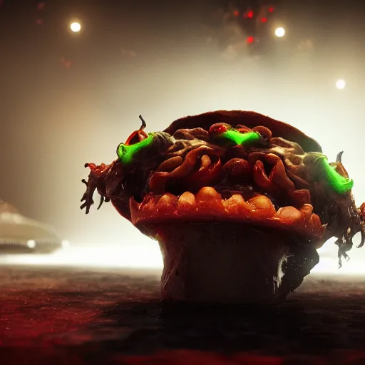 Image similar to demonic possessed taco, expression, unreal engine, by artgerm, wlop and ross thran, dramatic cinematic lighting rendered by octane, 8 k, detailed