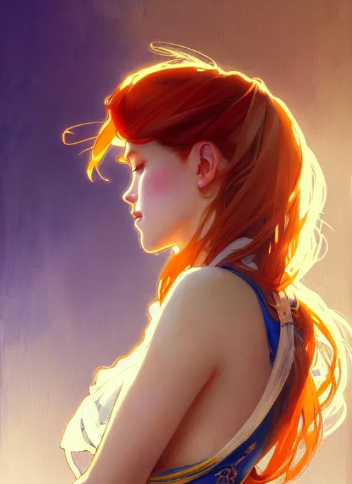 Image similar to digital character concept art by artgerm and greg rutkowski and alphonse mucha. clear portrait of a pin - up young wife, redhead, blue and yellow clothes, shabby, defiant, light effect, 8 k, hyper detailed, intricate, elegant, digital painting, artstation, smooth, sharp focus