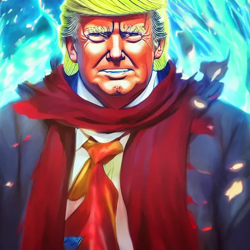 Image similar to anime portrait of Donald Trump as a shaman yedi using dark force to eliminate trump as an anime antagonist by Stanley Artgerm Lau, WLOP, Rossdraws, James Jean, Andrei Riabovitchev, Marc Simonetti, and Sakimichan, trending on artstation