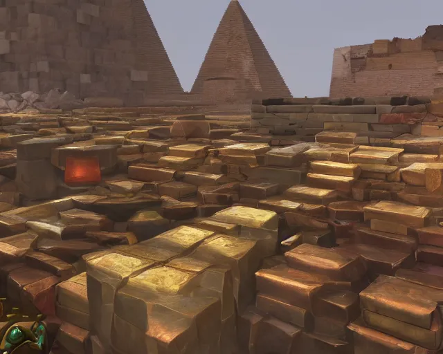 Image similar to screenshot of a chest full of ingots and gems and precious in a ps 5 videogame, concept art, architecture design, pyramids style, rtx, nvidia, renderer, stunning graphics