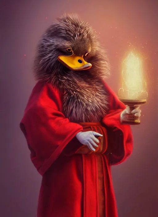 Image similar to cute fluffy mallard duck wearing red cultist robe, sacrificial altar in background, details, fantasy, epic, ancient city, intricate, decadent, highly detailed, octane render, digital painting, artstation, concept art, sharp focus, illustration, art by artgerm, loish, wlop