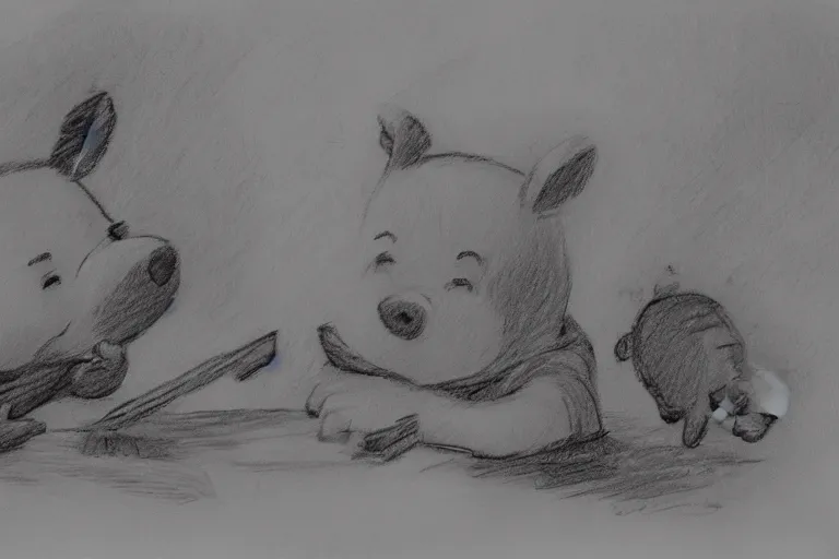 Prompt: winnie the pooh and piglet eating a bacon sandwich, pencil sketch, high detail, hyper realistic,