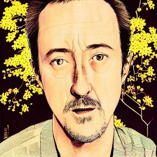 Prompt: “ edward norton portrait by ikenaga yasunari and ayana otake and ko rakusui, 6 0 s poster, drawing, realistic, sharp focus, japanese, dreamy, nostalgia, faded, golden hues, floral clothes, porcelain skin ”