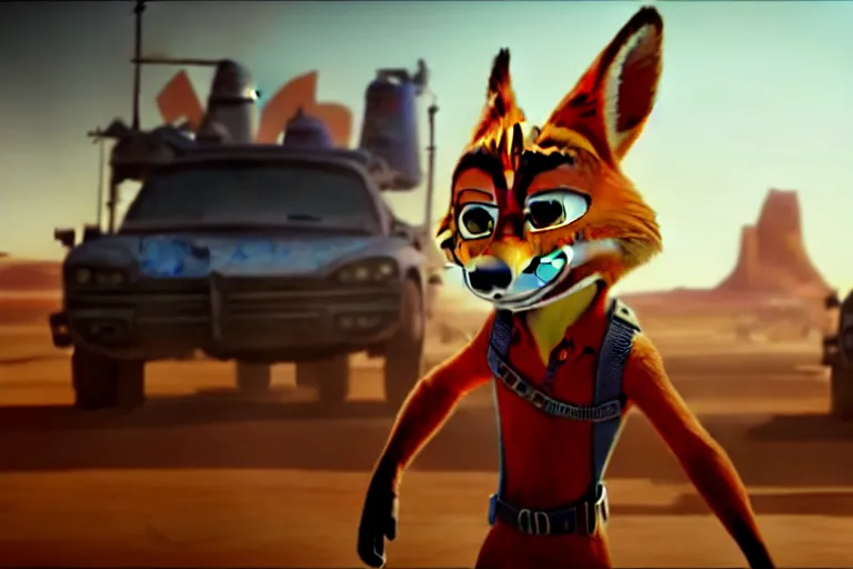 Image similar to nick wilde ( from zootopia ), heavily armed and armored facing down armageddon in a dark and gritty reboot from the makers of mad max : fury road